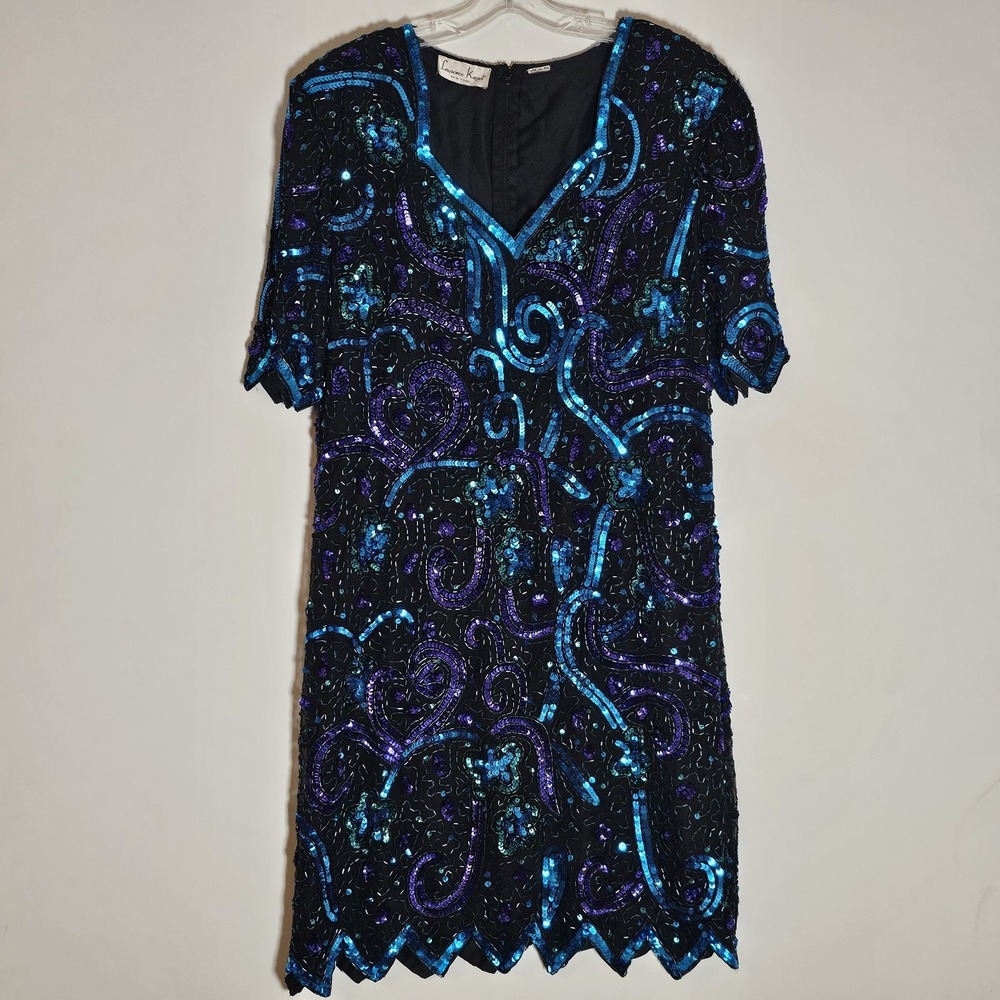 Laurence‎ Kazar Dress Womens Large Blue Multicolor Sequin Glam Party Art Vintage